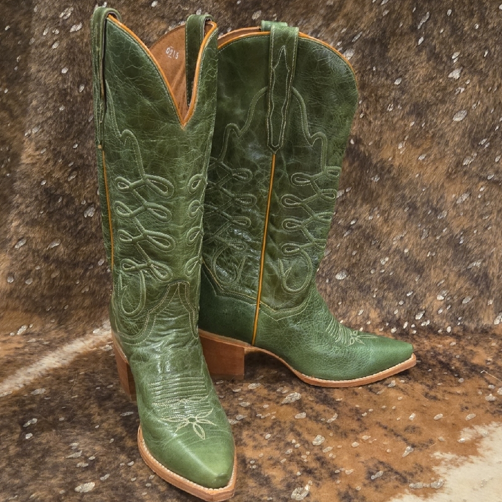 Dan Post Green Heeled Boots with Western Stitching, Size 10